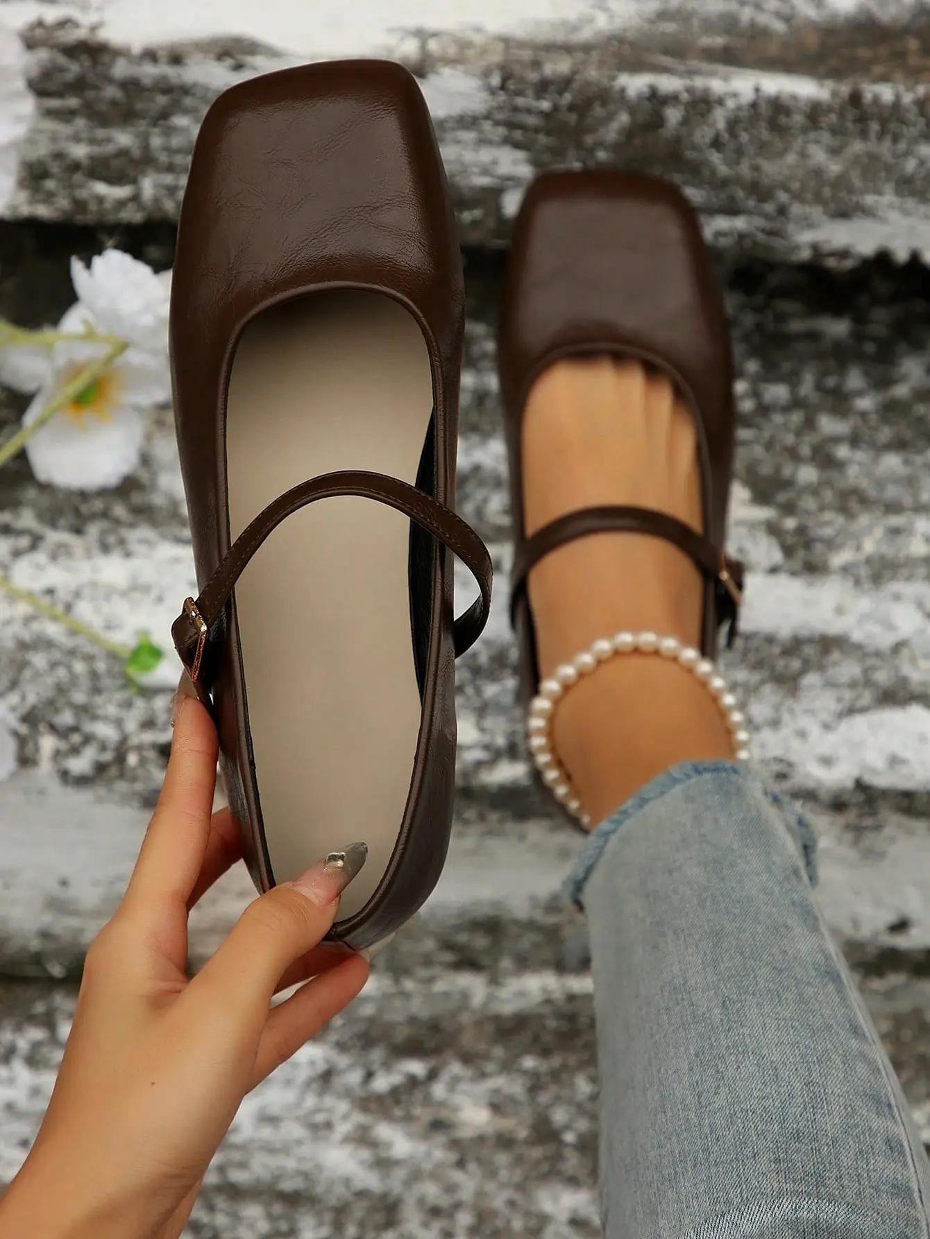 DealsForYouDays Leather Flat Shoes Closed Toe Slip on Ballet Flats with Buckle Strap