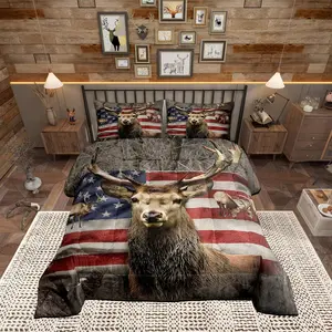 American Flag Deer Comforter Set,Brown Wildlife Animal and Trees Theme Bedding Comforters,Colorful USA Flag Print Natural Polyester Duvet Set