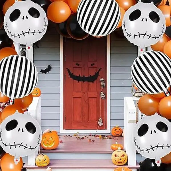 12 Pcs Halloween Balloons, Skull Foil Balloons Black White Striped Balloons, Halloween Party Decorations, Skeletons Balloons for Halloween Birthday Baby Shower Masquerade Themed Party Decorations
