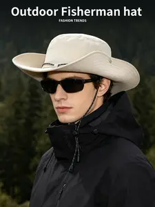 Men's Solid Color Fisherman Hat, Windproof Rope and Adjustable Headband Design, Summer Casual Hat for Hiking and Fishing, Outdoor Activity Gear