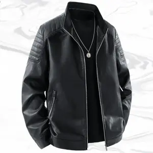 A men's stand up collar leather jacket, casual personality style, stand up collar has a unique design sense of personality, metal zipper workmanship shows personality, leather fabric texture is particularly personalized, the whole shows unique personality