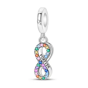 MULA S925 Silver-plated rainbow infinity pendant with multi-colored CZ gemstones and "eternity" engraving, compatible with Pandora bracelets and necklaces, a romantic gift for women and girls