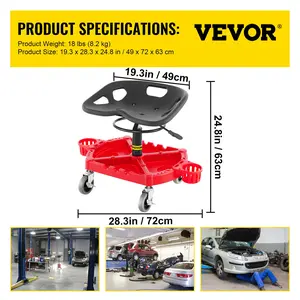 VEVOR Rolling Garage Stool, 300LBS Capacity, Adjustable Height from 18 in to 23 in, 360-degree Swivel Wheels (4), Large Tool Tray with Two Bottle Holder, for Workshop, Auto Repair Shop, Red