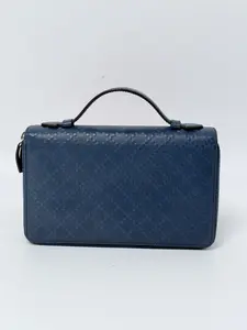 Pre-owned GUCCI GG Leather Organizer Clutch Gucci Navy Blue Microguccissima Double Zip Top Handle handbag JC131GG