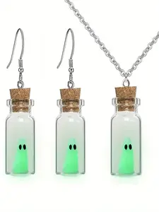 Halloween Ghost Jewelry Set, Glow-In-The-Dark Bottle Earrings & Necklace, Cute Spooky Accessory for Women & Girls, Perfect Party Favor