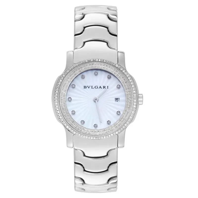 Bvlgari Solo Tempo 29mm Stainless Steel Quartz Watch, Custom Sunburst MOP Diamond Dial & Custom Diamond Bezel WHT024818/WHP041127