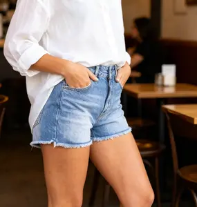 Women's High-Waisted Stretchy Denim Shorts - Casual Summer Style, Frayed Raw Hem, Distressed Ripped Design, Flattering Fit | Womenswear Bottoms Jeans