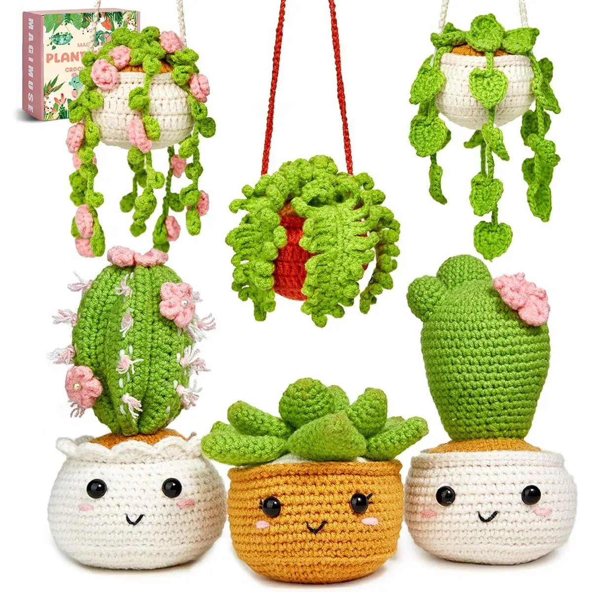 Crochet Kit for Beginners, Crochet Starter Kits, Amigurumi Craft Knitting Crocheting Kits with Step-by-Step Video Tutorials, 6 Pack Hanging Potted Plants Family(40%+ Yarn