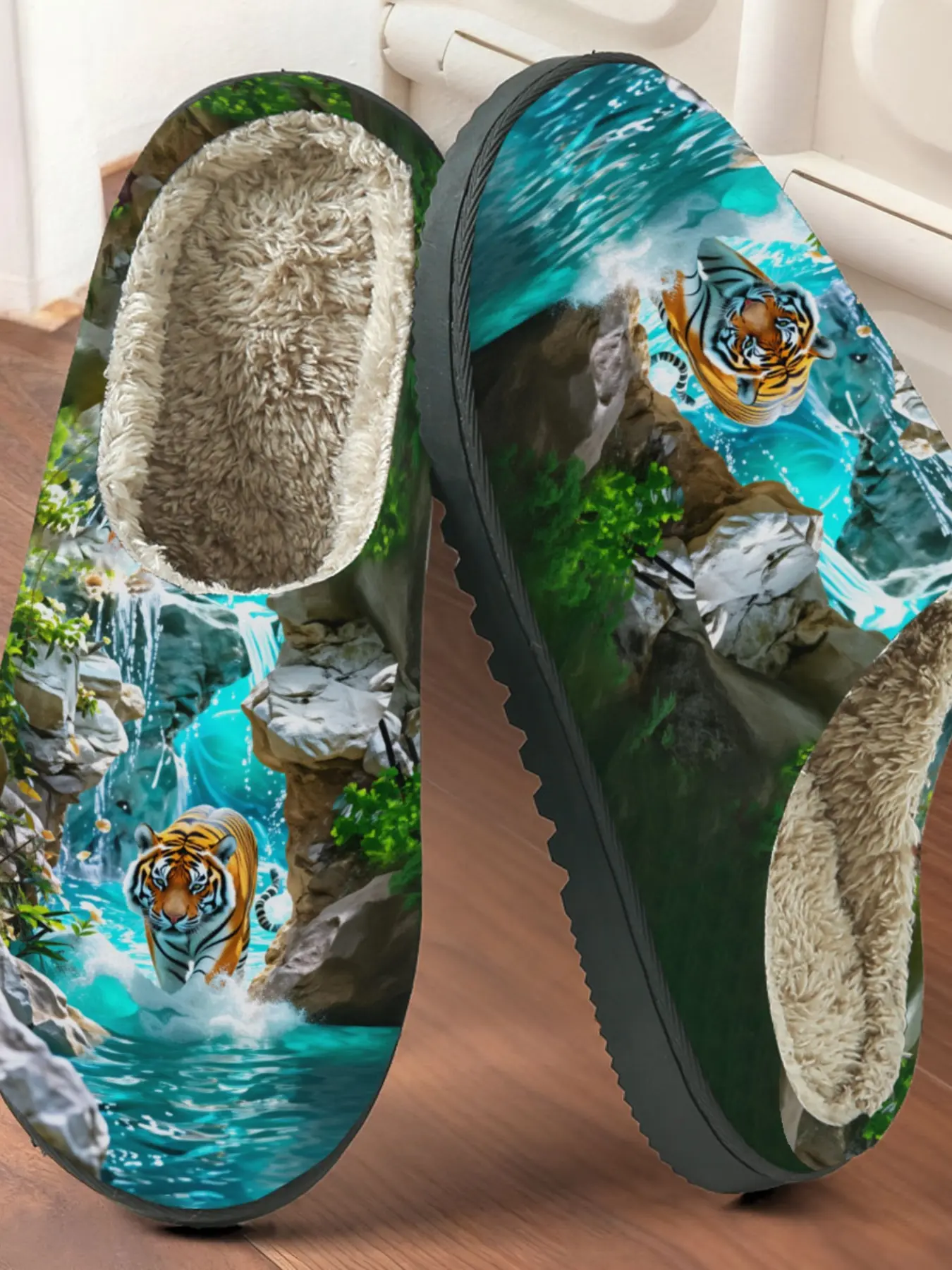 Realistic Rainforest Tiger Printed Cotton Slippers, Natural Wild Style, Fuzzy Lining, Non-Slip Thick Sole, Home Use, Men & Women Fall Winter Warm Shoes