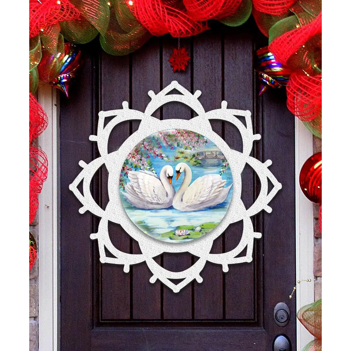 Designocracy 8173433-S2 Handmade Christmas Wooden Ornaments - 5x5.5 in. Snowflake Loving Swans, Set of 2, Family Love Gift Bag Compatible Festive Home Decor