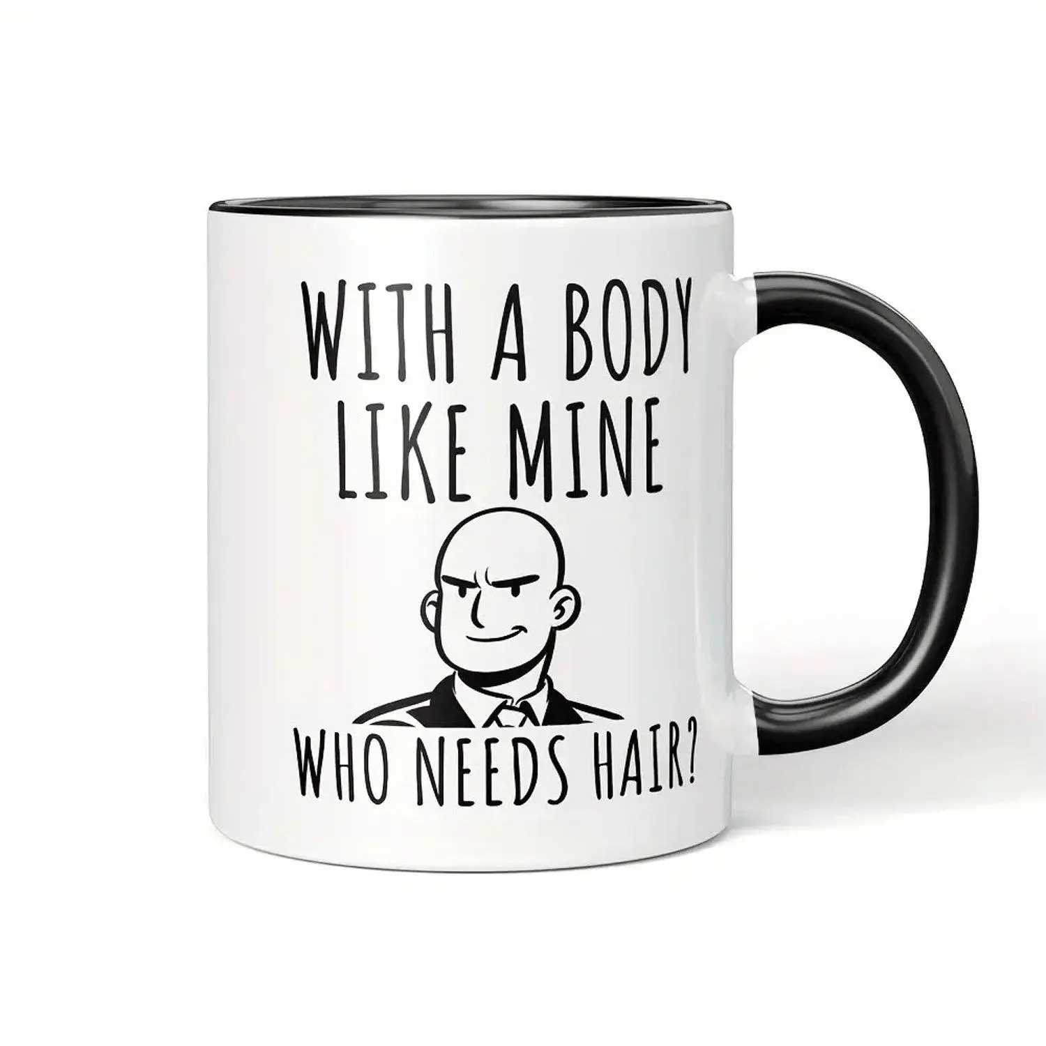 Funny "With a Body Like Mine, Who Needs Hair?" Coffee Mug | Insulated Ceramic Cup with Balding Cartoon Character Design - Dishwasher Safe, Hand Wash Only, Poly Coating, Reusable for Home, Cafe, Office, Coffee Bar - Humorous Gift for Men & Women