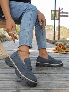 Women's Fashion Thick Sole PU Leather Loafers, Buckle Design, Slip-On Comfortable Rubber Walking Shoes for Spring & Fall, Casual Retro Style