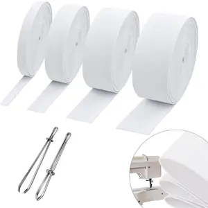 High Elastic Sewing Webbing (4 White Rolls) - 1mm Thick, 0.6/1/1.4/2in Wide, 5.5 yd/Roll, with 2 Sewing Clips for Waistband Pants Crafts