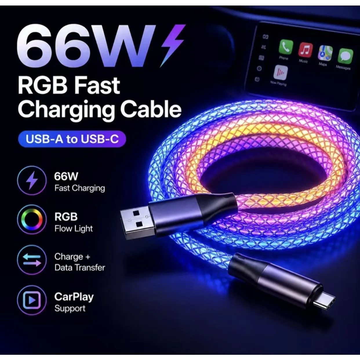 RGB Fast Charging Cable 66W USB-A to USB-C with Flow Light and CarPlay Support for Quick Data Transfer and Charging