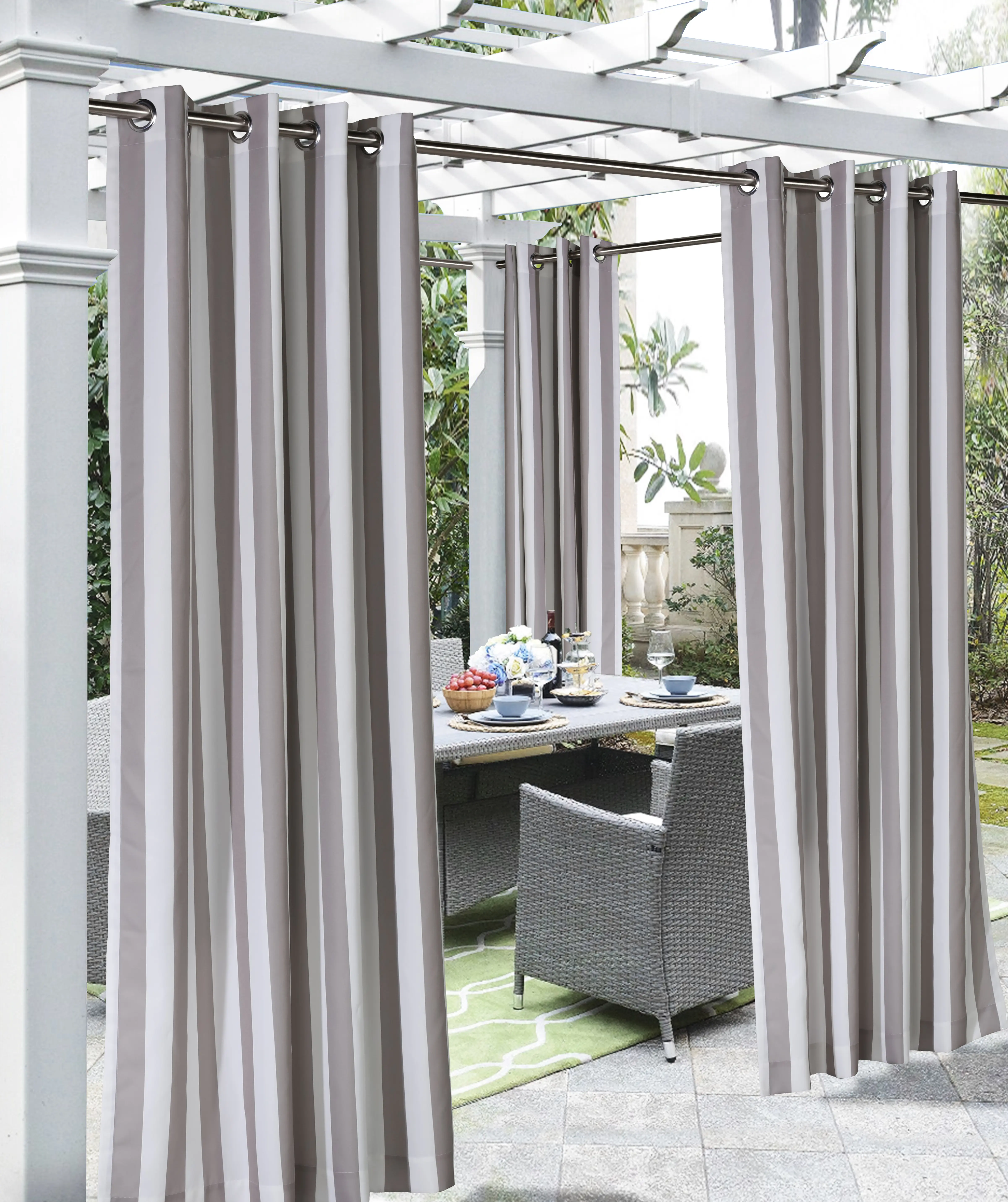 Commonwealth 71430-109-50-108-517 50 x 108 in. Coastal Stripe Light Filtering Grommet Outdoor Curtain Panel, Taupe