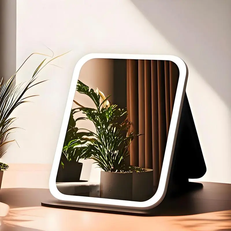 LED Lighted Mirror, Modern Square Adjustable 3-Color Dimmable Touch Screen USB Rechargeable Foldable Portable Makeup Mirror with 500mAh Lithium Battery, Polished Plastic Surface, Perfect for Travel & Home Use