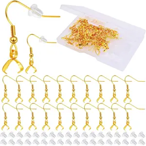 50pcs Stainless Steel Pendant Clasp Earring Hooks Hypoallergenic Ear Wire Buckle Earrings with 50pcs Clear Earring Backs and a Box for DIY Jewelry Making Findings