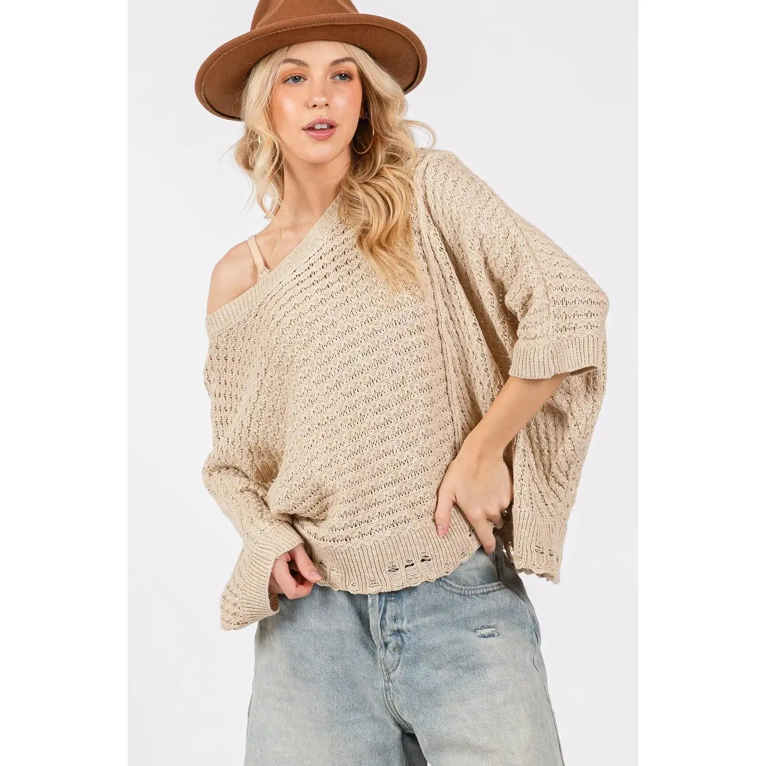 SAGE + FIG Distressed Asymmetrical Open Stitch Sweater