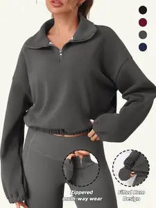 Women's Long Sleeve Fleece Knit Fabric Pullover Sweatshirt, Loose Fit Sporty Style, Half-Zipper Hoodless Design, Perfect for Fall & Winter, Basic Athletic Top, Loose Casual Athleisure