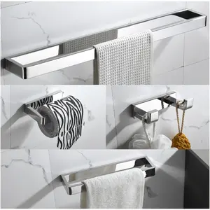 4- Bathroom Hardware Accessories Set Polished Chrome Towel Bar Set Square Towel Holder Kit Stainless Steel Wall Mounted