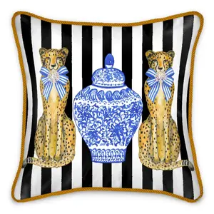 Cheetah Blue Chinoiserie Lg Silk Pillow