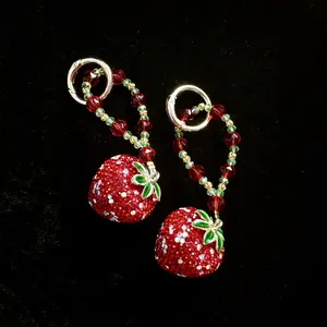 Handmade Strawberry Phone Charm Keychain Bag Charm with Sparkling for Fashion Accessories