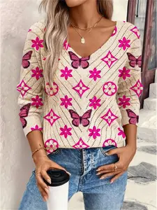 Women's Geometric Butterfly Print Long Sleeve Knit Top, Casual Elegant Vacation Style Sweater, Loose V Neck, Comfortable Warm Fall Winter, Knitwear, Elegant Classy Tops
