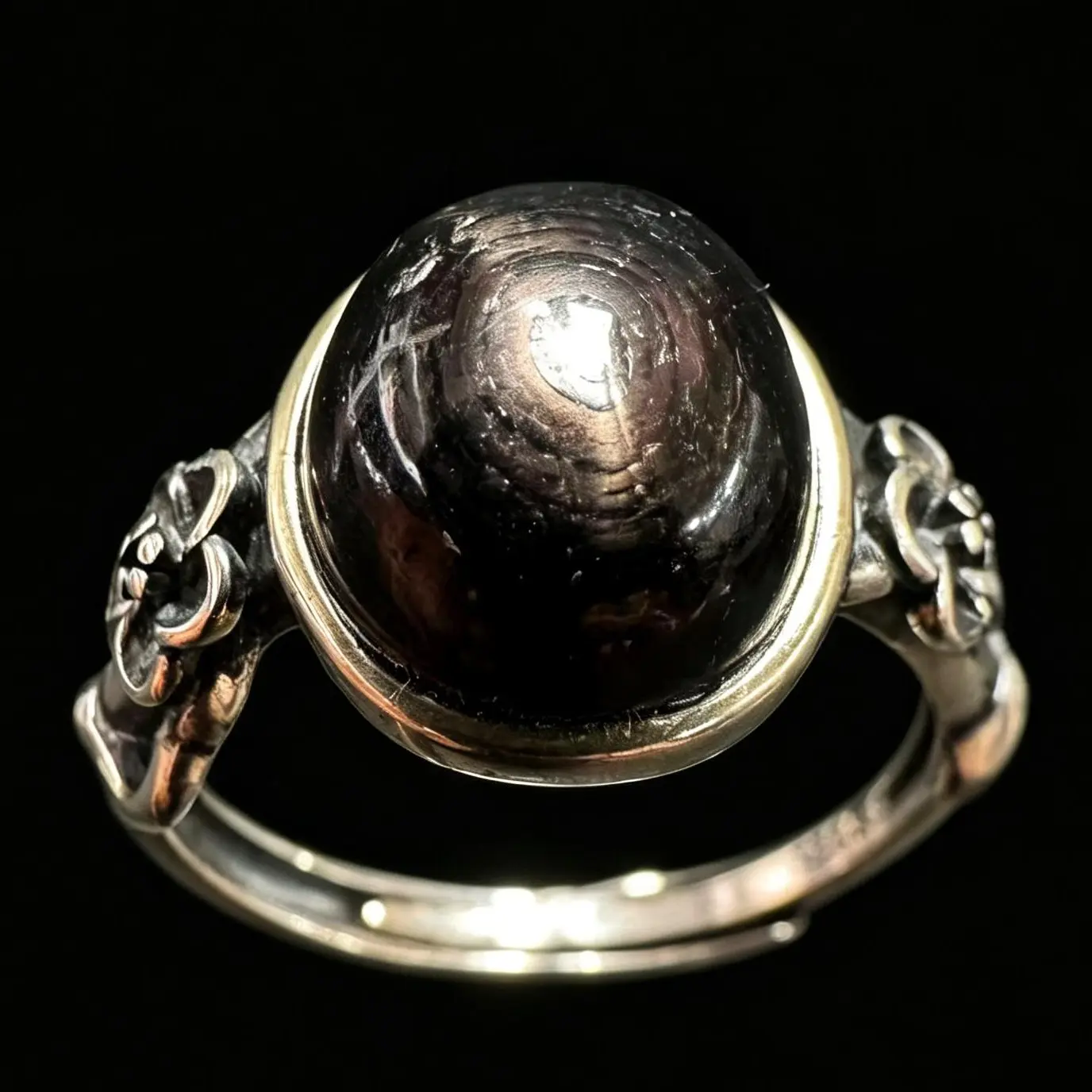 Vintage Boho 925 Sterling Silver Ring with Oval Natural Hypersthene Gemstone Center, Elegant Natural Crystal Ring with Adjustable Band for Everyday Wear, Grounding Floral Branch Design, Elegant Natural Crystal Rings