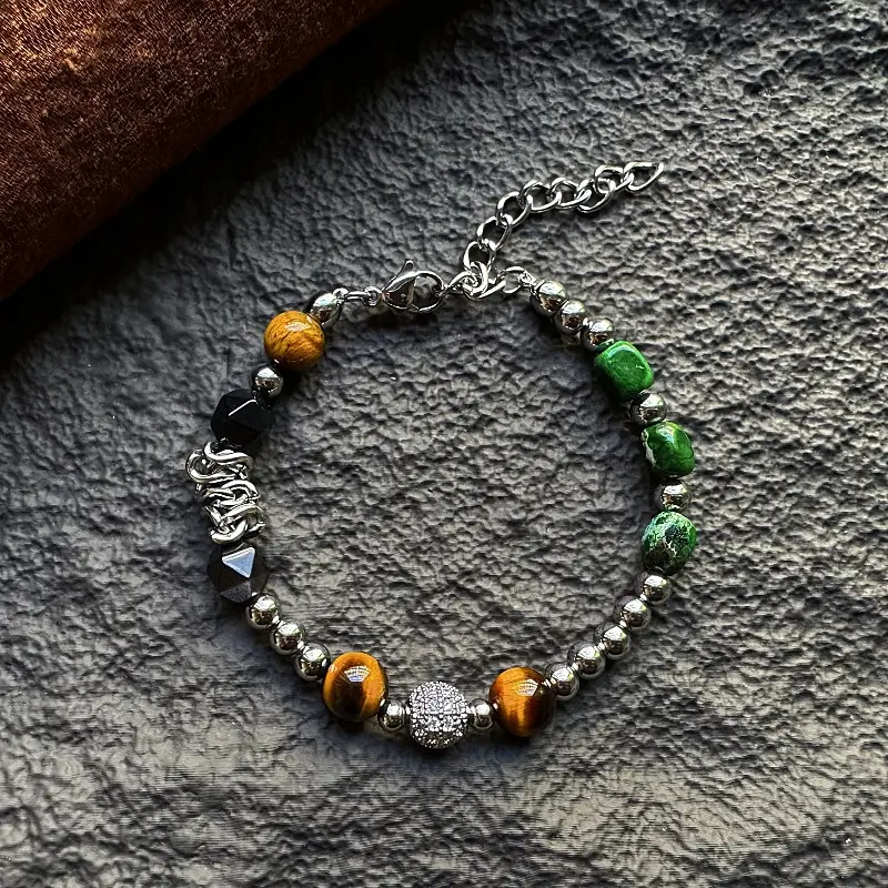 Unisex Beaded Bracelet with Natural Stones, Vintage Oriental Streetwear Accessory in Earth Tones, Stackable Anti-Tarnish Stainless Steel, Bracelets, Jewelry Stack