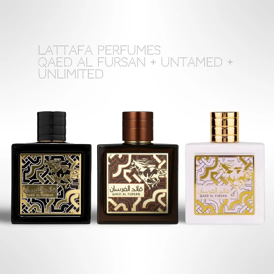 Lattafa Qaed Al Fursan EDP Multi-Pack - Qaed Al Fursan, Untamed, Unlimited Fragrance Gift Bundle - 3 x 100ml (3.4 fl oz) Complete Signature Unisex Fragrance Set