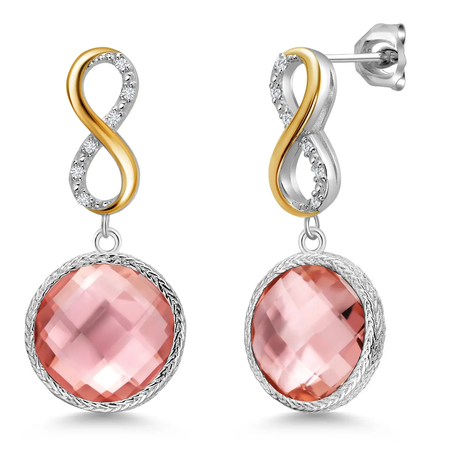 Gem Stone King 925 Sterling Silver Peach Nano Morganite and White Lab Grown Diamond Earrings for Women | 13.46 Cttw | Gemstone March Birthstone | Round 12MM