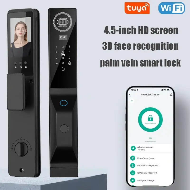 Aluminum Alloy Smart Home Door Lock - 1pc WiFi-Enabled Device with Built-in Cells, 22 Switchable Languages, 8 Multi-Unlock Modes (3D Facial, Palm Vein, Fingerprint, IC Card, APP Recognition) for Homes, Offices