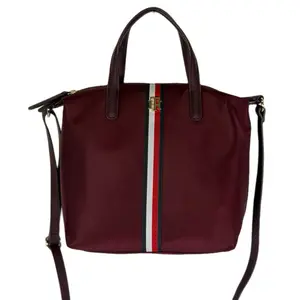 Tommy Hilfiger Wine Square Bag with Striped Accents & Detachable Strap