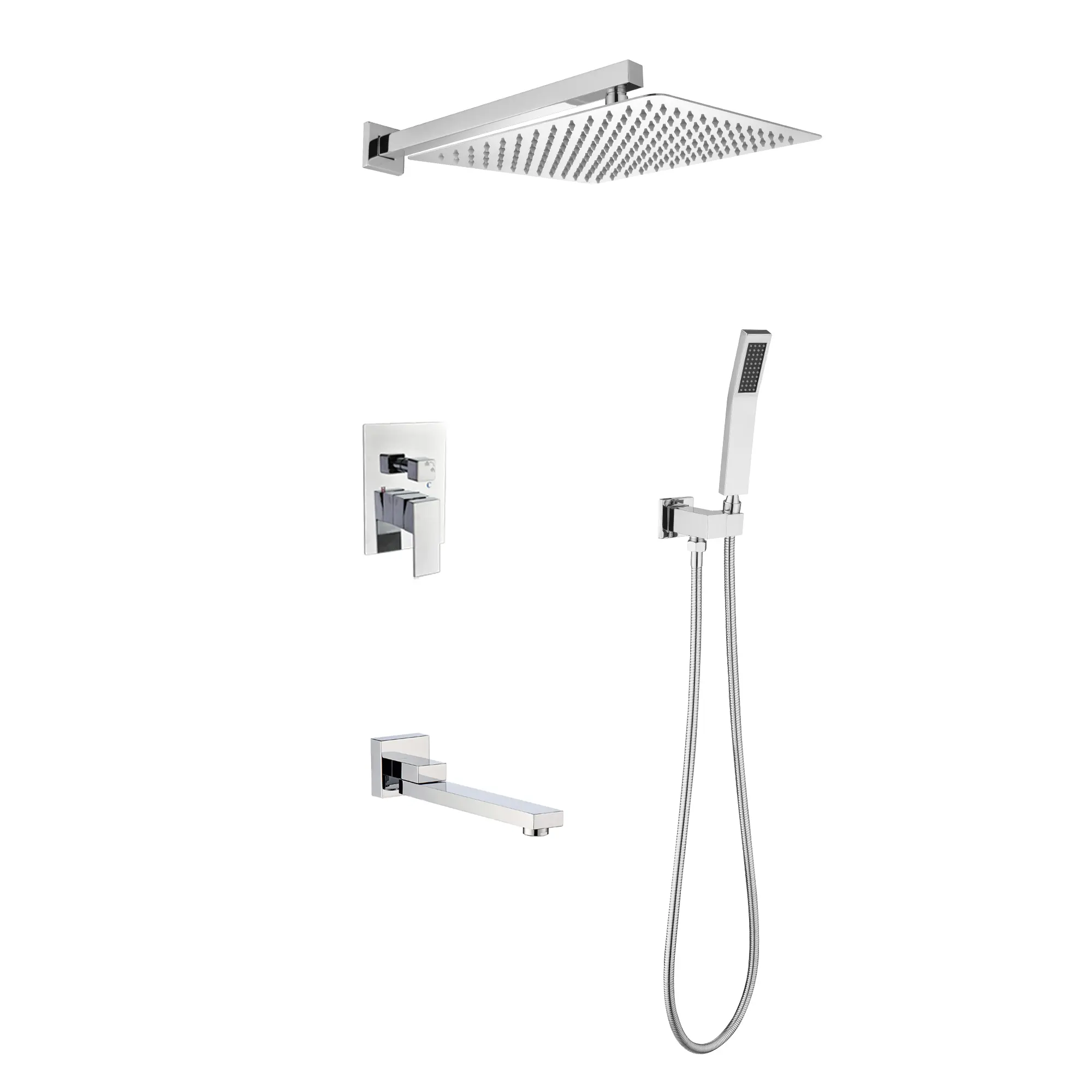 Wall Mounted Plumbing Combo System with American Standard Pipe Connections - 12in Easy-to-Clean Silicone Nozzle Shower Heads (Rain Shower), Hand Sprayer, Tub Spout, Sturdy High-Quality Materials for Natural Use
