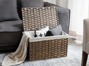 65L Wicker Storage Basket with Lid, Square Wicker Baskets with lids and Removable Liner, Brown Wicker Basket with Lid for Bedroom, Closet, Bathroom