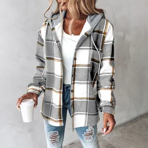Women's Plaid Pattern Long Sleeve Shacket Button Down Fleece Lined Hooded Jackets Warm Coat Casual Womenswear Comfort Outdoor Soft Winter Tops Plus Size Plaid Button-Up Shirt Outerwear Everyday green hoodie girl Tweed Blazer Comfortable Piece
