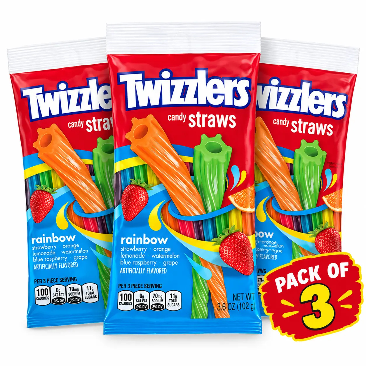 Twizzlers Rainbow Licorice-Style Chewy Candy Straws - Assorted Fruity Flavors - 3.5oz Bags - Pack Options: 3, 6, 12 - Party Snacks, Sweet Treats, Candies