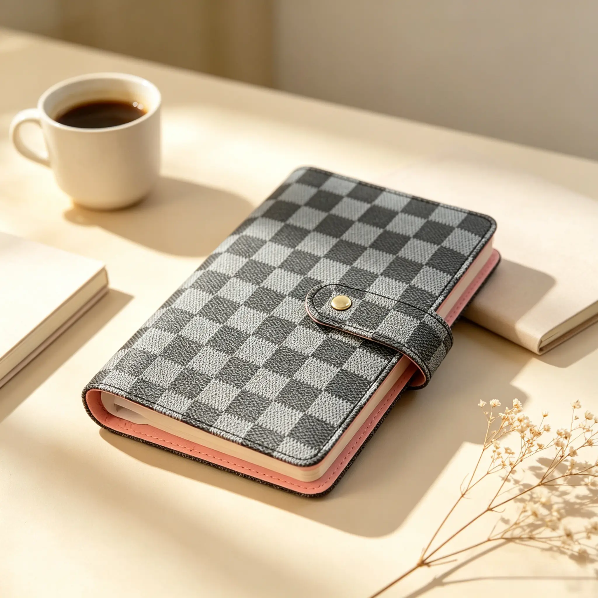 Checkered Faux Leather 6-Ring Binder Planner Cover - Document Organizer Binder Notebooks with Refill Paper, Snap Button Sleeve, Portable Budget Journal for Office, Daily Planning Stationery Gift
