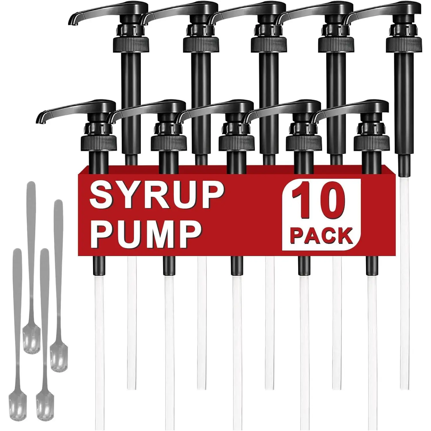 10 Packs Sturdy Plastic Coffee Syrup Pump Dispenser - Kitchen Utensils & Accessories, Fits 25.4 Oz/750ml Flavoring Bottles & Bar Drinking Mixes, No Dripping, Includes 4 Golden Spoons