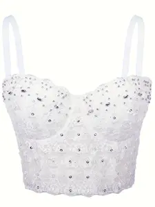 Women's Handmade Rhinestone Diamond Push up Bustier Crop Top Sexy Club Party Corset Bra