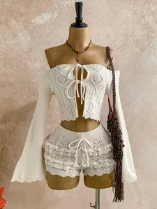 Women's Off-Shoulder Knit Two-Piece Set, Flared Sleeve Short Top + Ruffle Shorts, Boho Lace Knit, Summer Beach Style