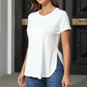 Womens T Shirts Casual Basic Crew Neck Tees Short Sleeve Tunic Tshirt Tops with Side Split Slit