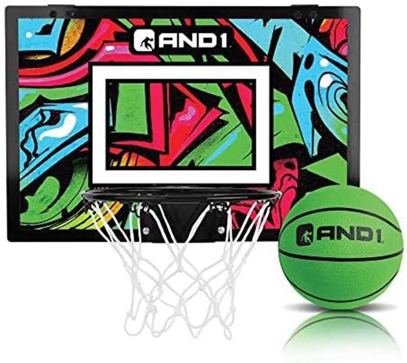 AND1 over the Door Mini Basketball Hoop Set, 18"X12" Shatterproof Backboard, 1 Mini Basketball, No Tools Indoor Use