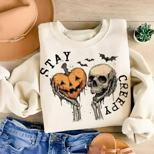 Stay Creepy T-Shirt, Retro Dripping Heart Halloween Sweatshirt, Skeleton Hand Spooky, Grunge Horror Sublimation Design Trendy Tee, Skeleton Hoodie