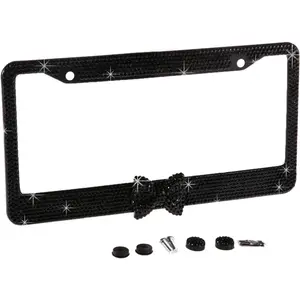 Fashion  Universal  Black Frame Black Bowtie  License Plate Frames, Bling License Plate Holder,Weather Proof Rhinestone License Cover for Women(1 Frame)