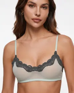 Wireless Sheer Mesh Scoop Neck Bra with Lace Trim