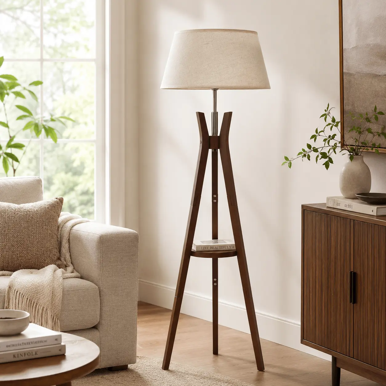 Booniture Floor Lamp with Shelf, Bamboo Tripod Standing Lamp, MCM Reading Light with Foot Switch for Living Room, Bedroom & Office, 2-in-1 Side Table Lamp, lights, homevibes, cozyathome, WeeklyDeals, summerwins