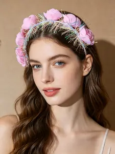 Light Color Floral Metal Wire Headband, Sparkling Sequins and Vibrant Flower Design, Festive Accessory for Holiday