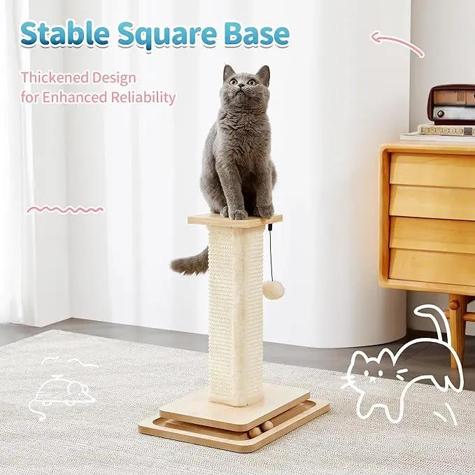 Wooden Cat Scratching Post with Track Ball Toy, Durable Natural Sisal Cat Scratcher with Hanging Pom-Pom, Interactive Cat Activity Center for Indoor Cats