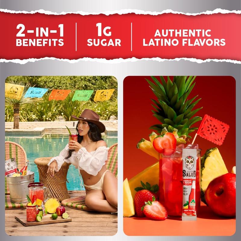 Salud x Jarritos 2-in-1 Energy Drink Powder + Focus, Fruit Punch, Organic Caffeine, B6 + B12, Theanine, Clean Energy Drink Packets, Agua Fresca Mix, Non-GMO, Gluten Free, 1g of Sugar, (15 Servings)